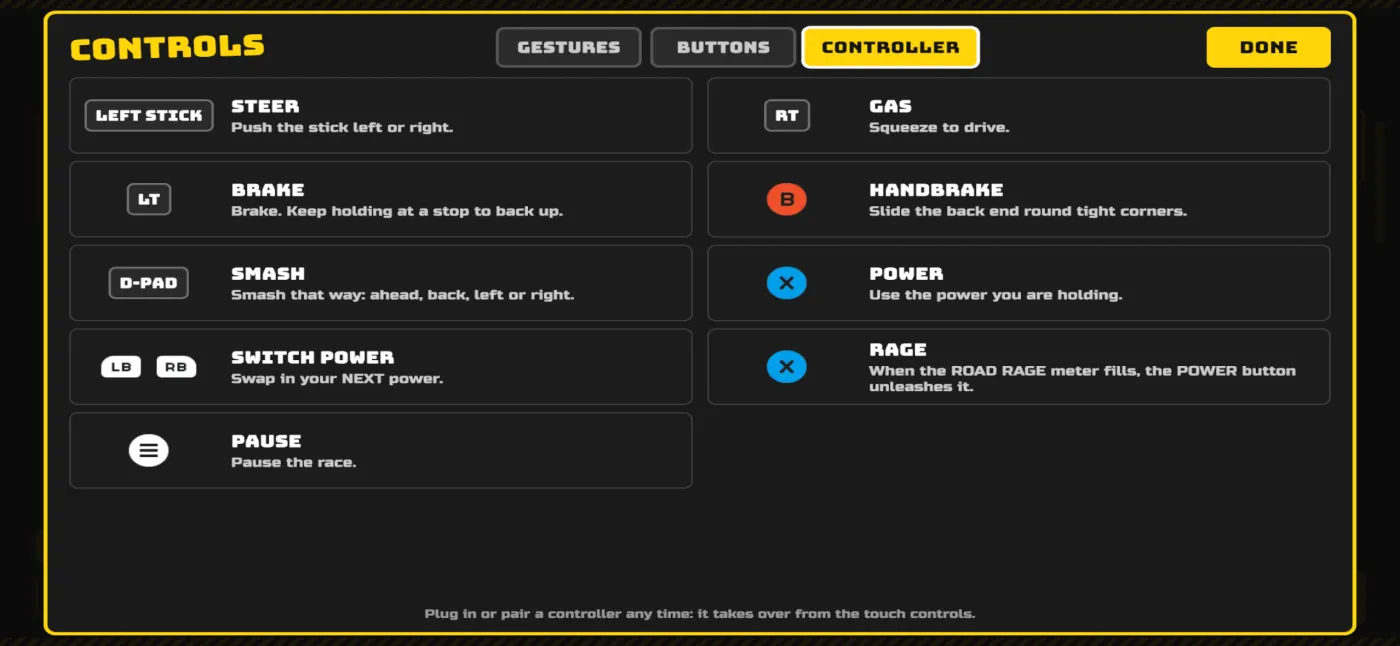 The in-game Controller controls screen