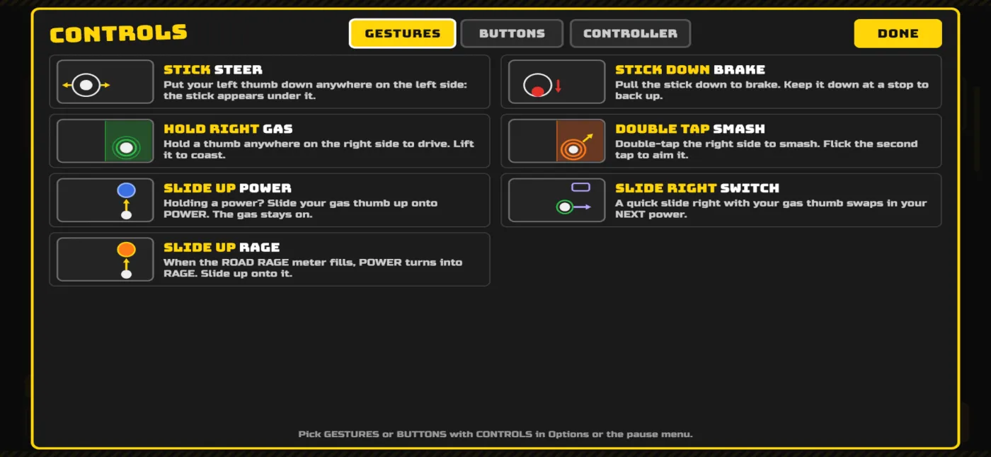 The in-game Gestures controls screen