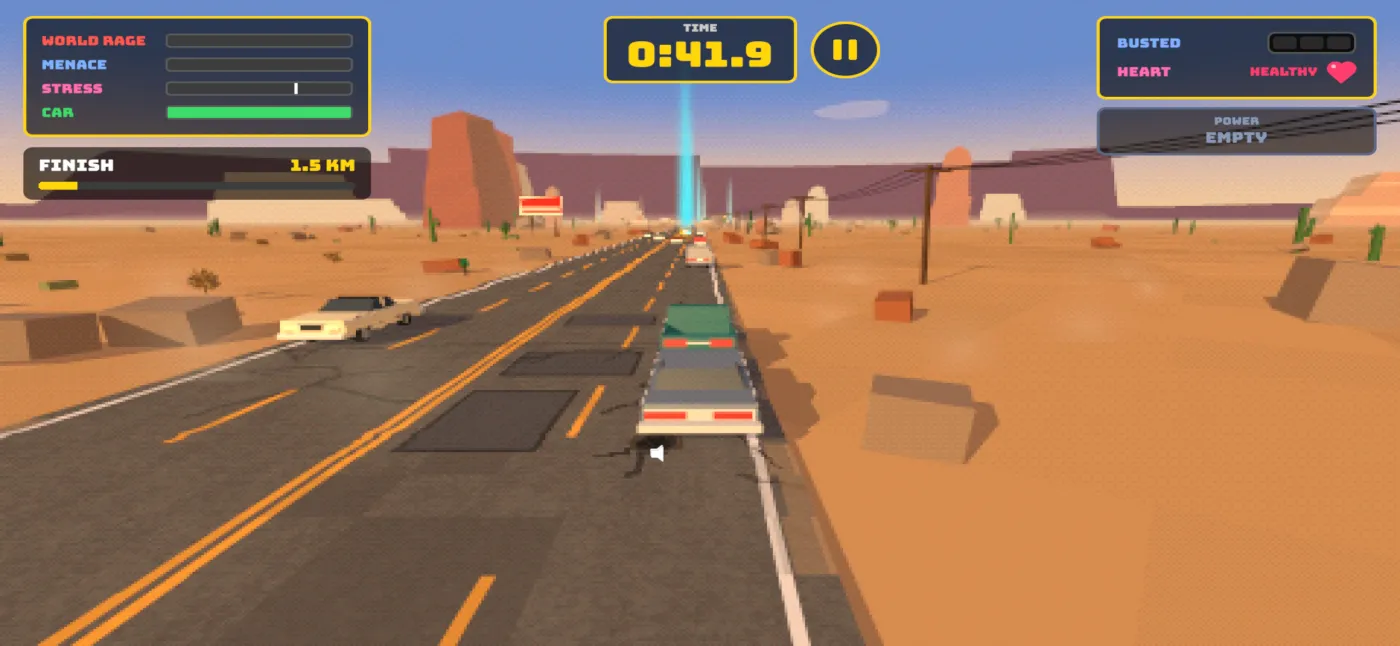 Road Rage gameplay: a car at speed on the desert highway