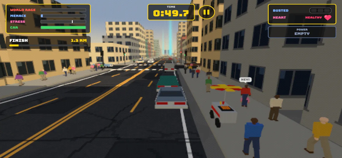 Road Rage gameplay: a car driving down a busy downtown street with a countdown timer and touch controls