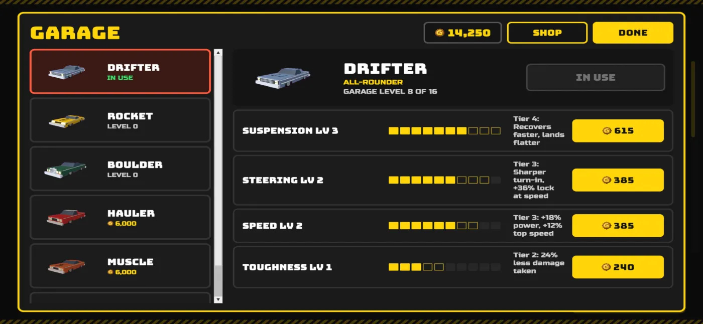 Road Rage garage screen with the blue Drifter, upgrade bars and prices in Gas Money