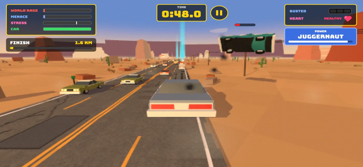 Road Rage gameplay: the Juggernaut power smashing a fruit stand and launching a car