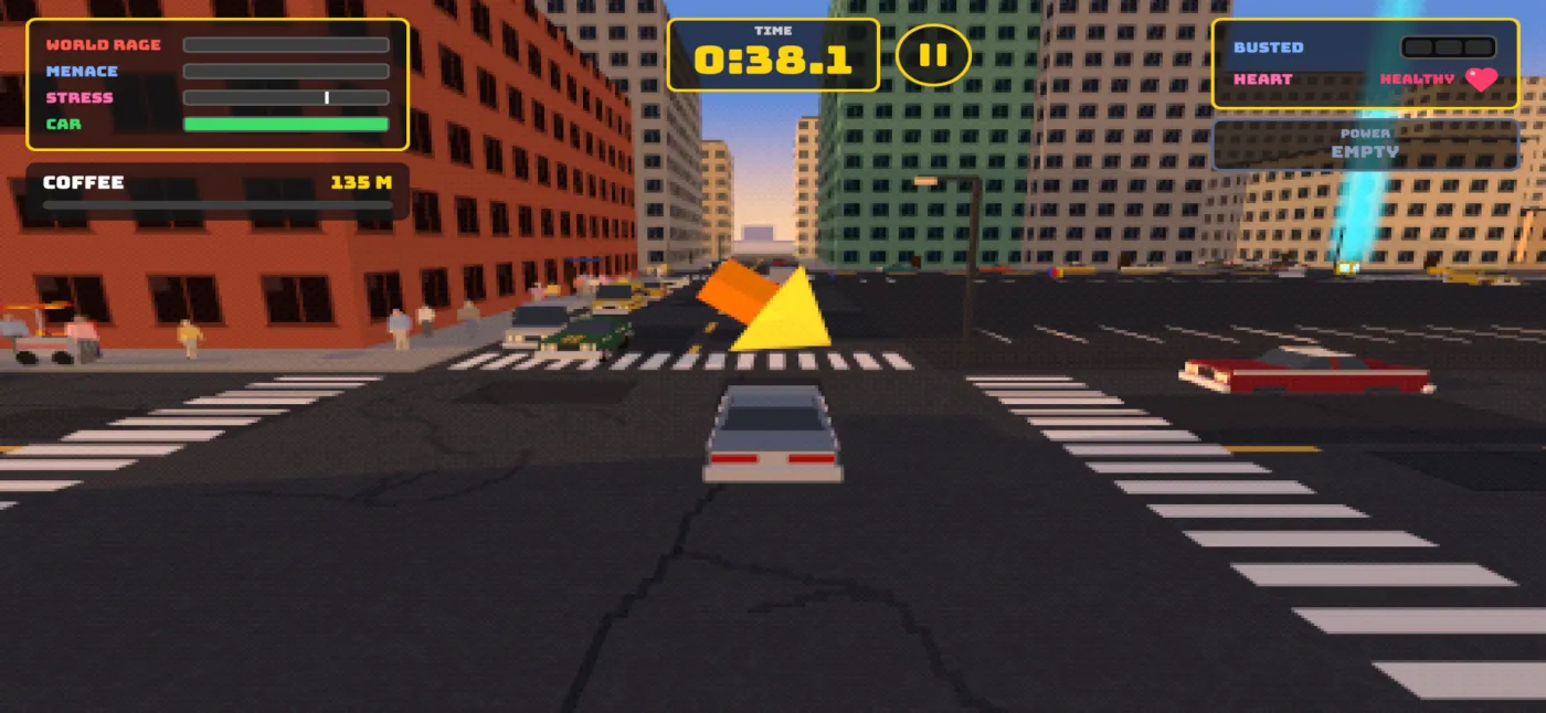 Road Rage gameplay: a sunset commute through downtown with a checkpoint arrow