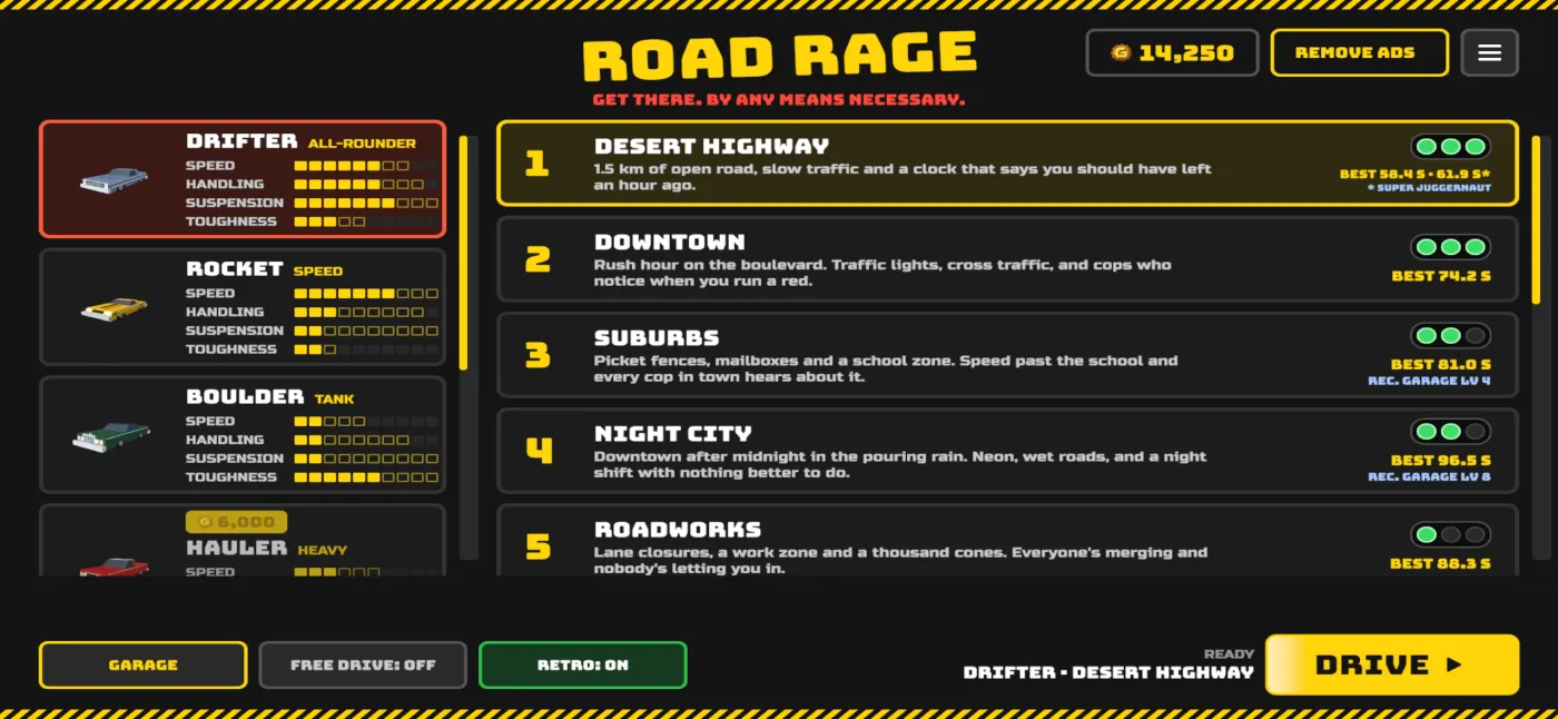 Road Rage level select screen with the car list, best times and a list of levels