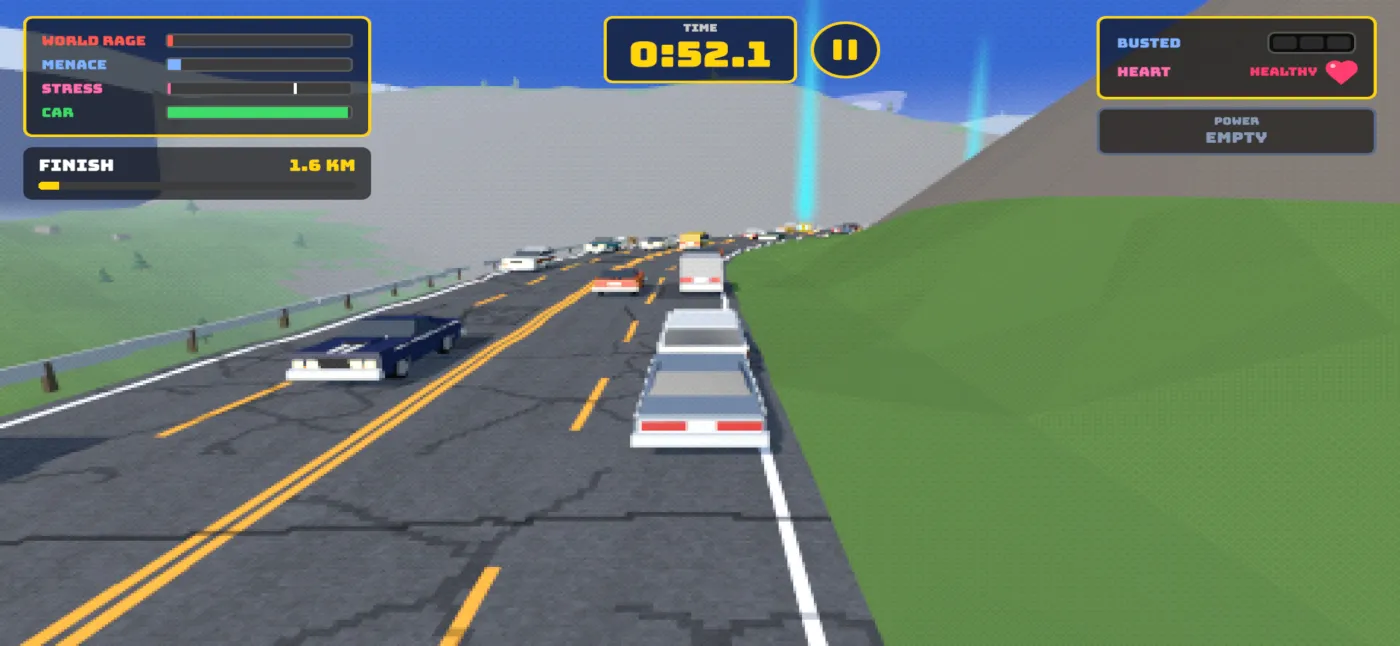 Road Rage gameplay: a car on a mountain highway with a guardrail