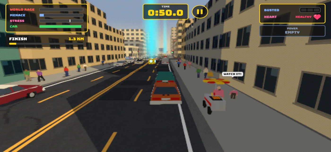 Road Rage gameplay: an orange Muscle car in downtown traffic