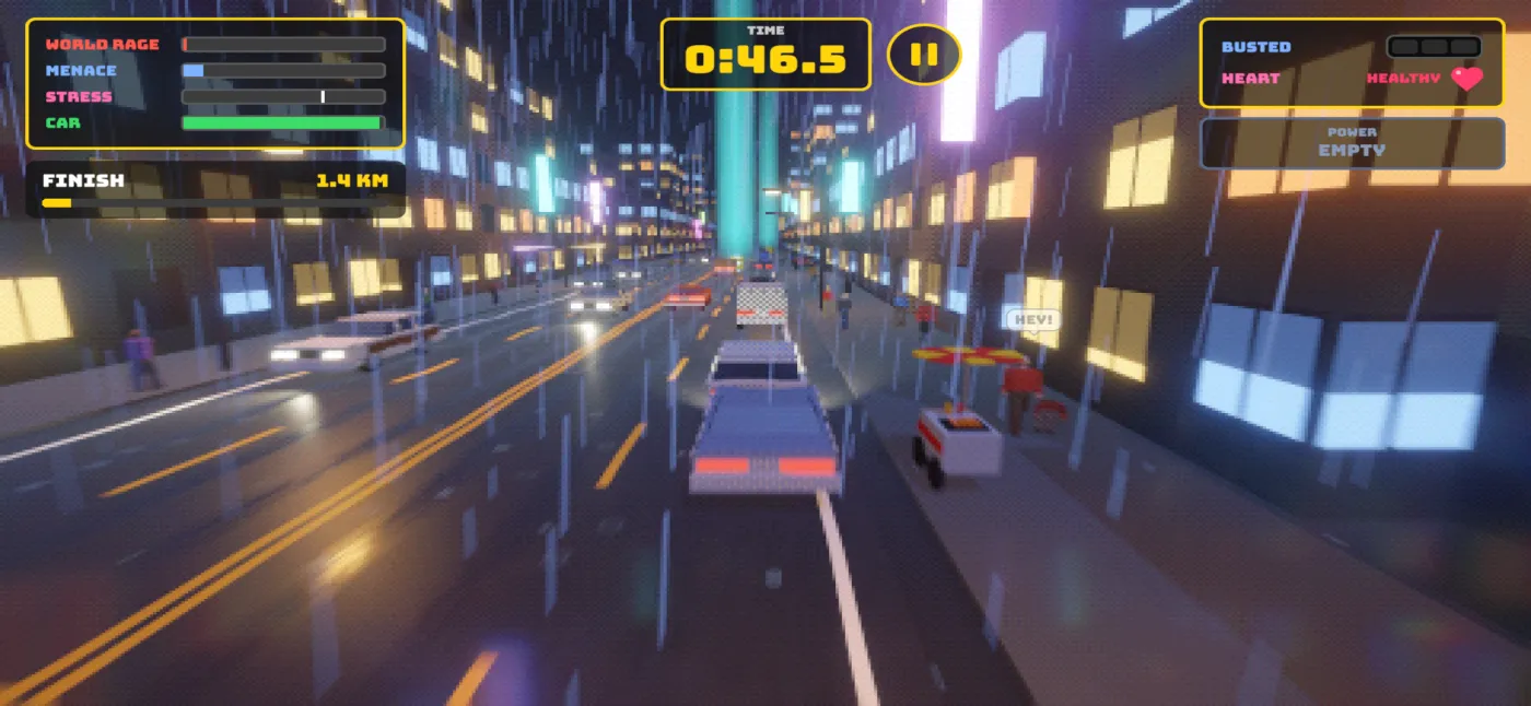 Road Rage gameplay: a car driving through a rainy neon city at night