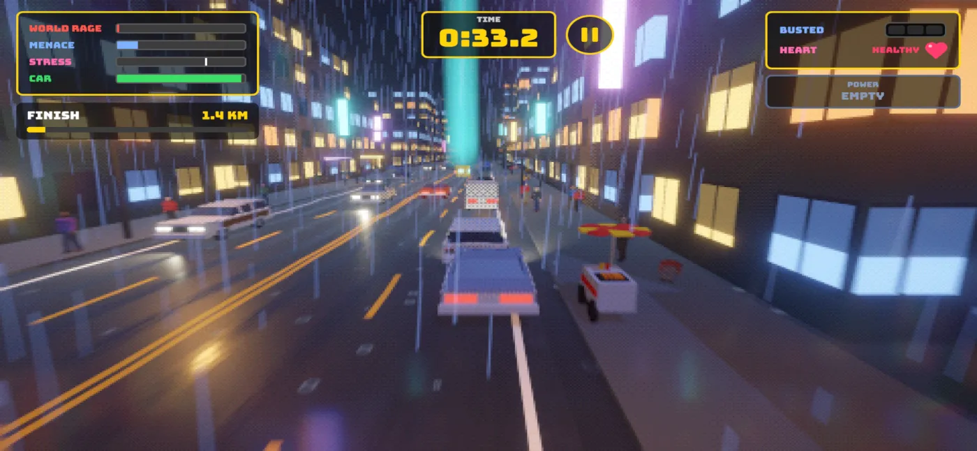 Road Rage gameplay: a car driving through a rainy neon city at night