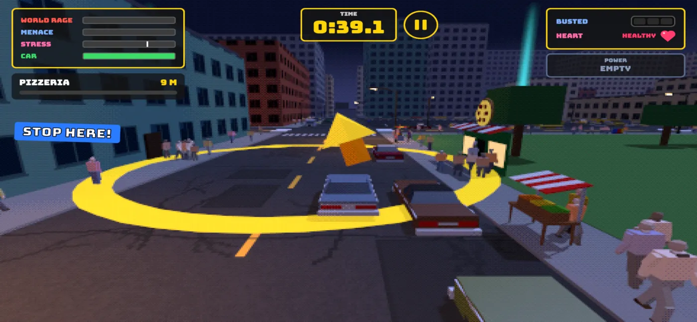 Road Rage gameplay: delivering a pizza at night with streetlights lighting the walls