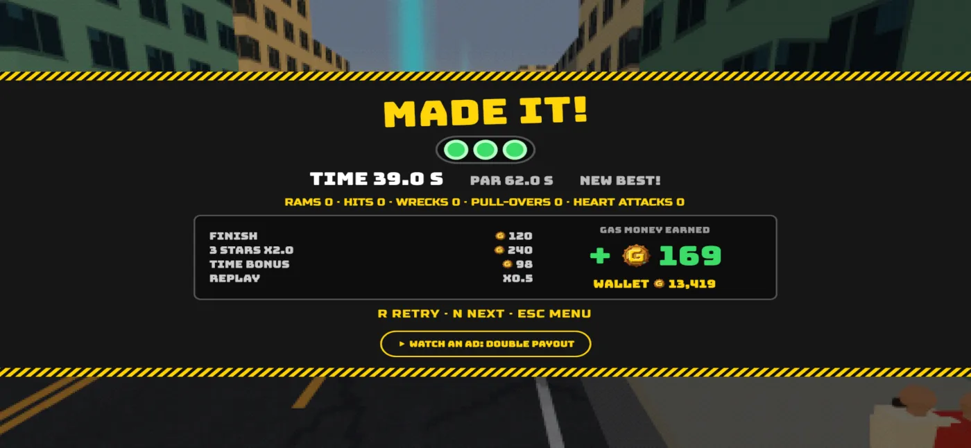 Road Rage results screen with three stars and the Gas Money earned