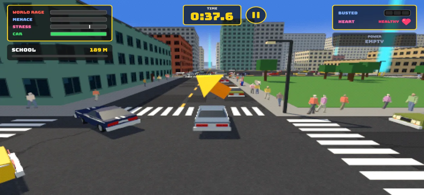 Road Rage gameplay: a car driving past a crowded sidewalk