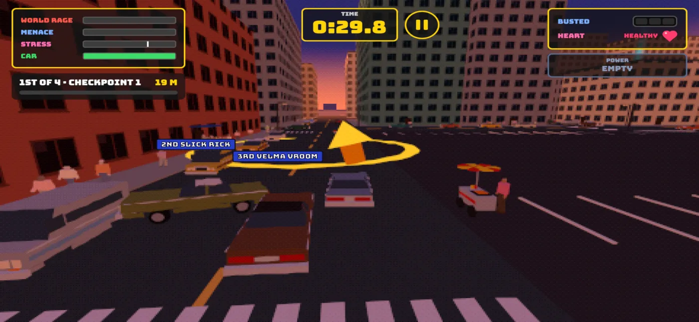 Road Rage gameplay: a street race with a checkpoint arrow