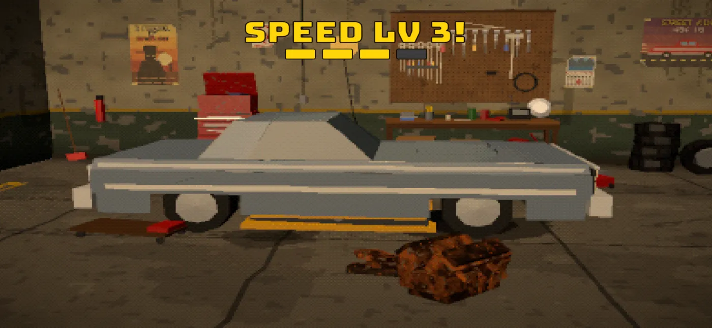 Road Rage upgrade show: a SPEED LV 3 banner over the blue Drifter in the garage bay